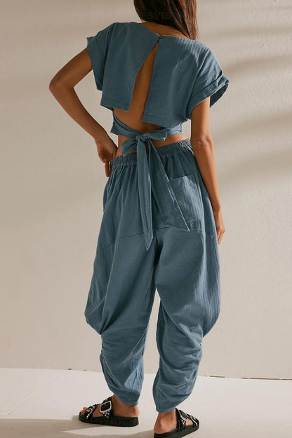 Conjunto informal de dos piezas con cuello redondo, manga corta, espalda descubierta, color sólido, con cordones (3 colores)