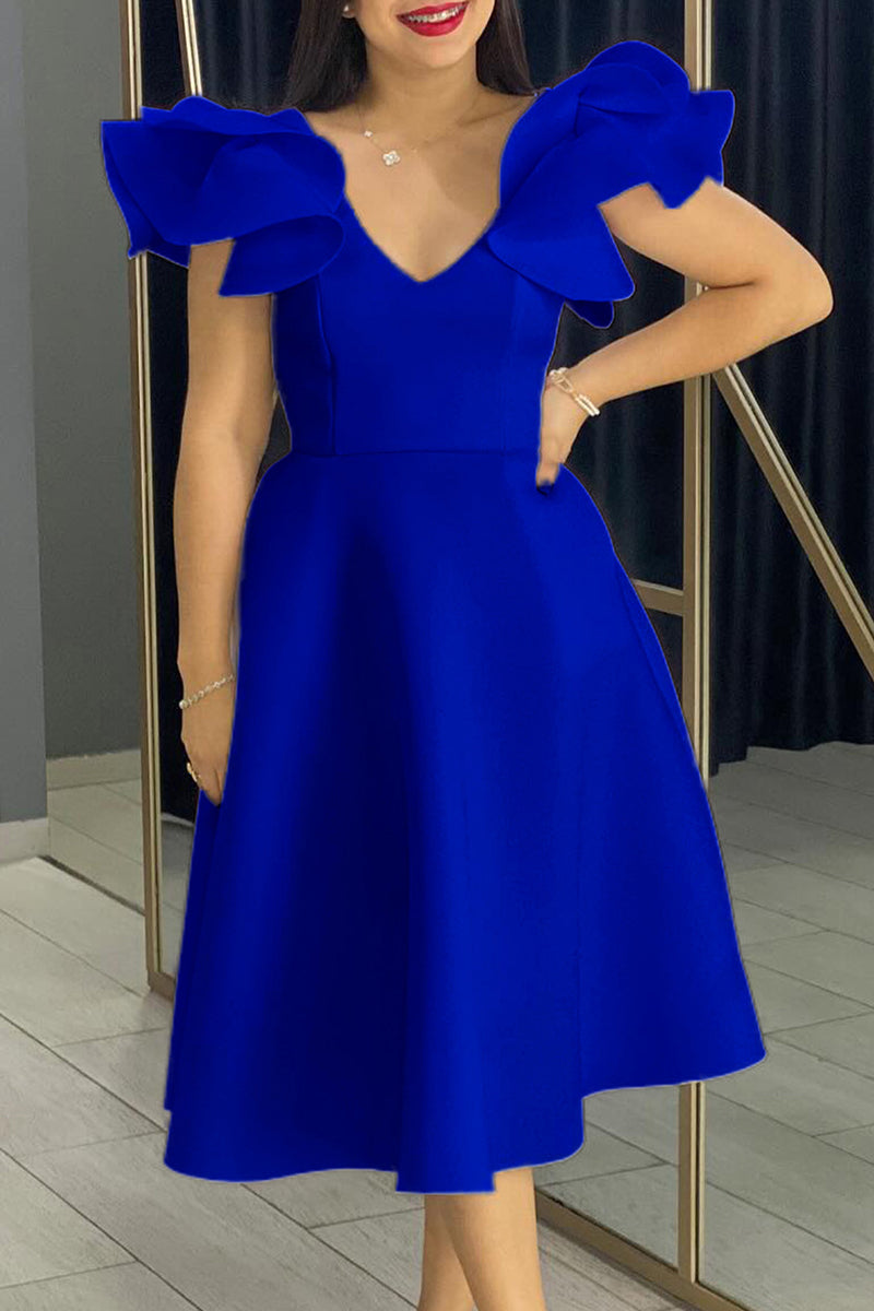 Vestidos de celebridades con cuello en V, línea A, con volantes y patchwork en color liso (4 colores)
