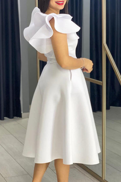 Vestidos de celebridades con cuello en V, línea A, con volantes y patchwork en color liso (4 colores)