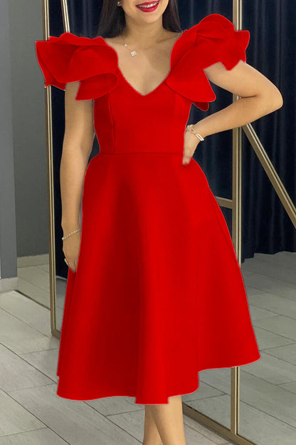 Vestidos de celebridades con cuello en V, línea A, con volantes y patchwork en color liso (4 colores)