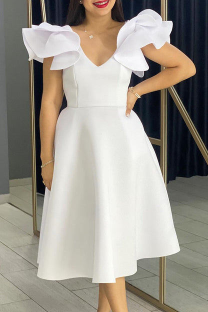 Vestidos de celebridades con cuello en V, línea A, con volantes y patchwork en color liso (4 colores)