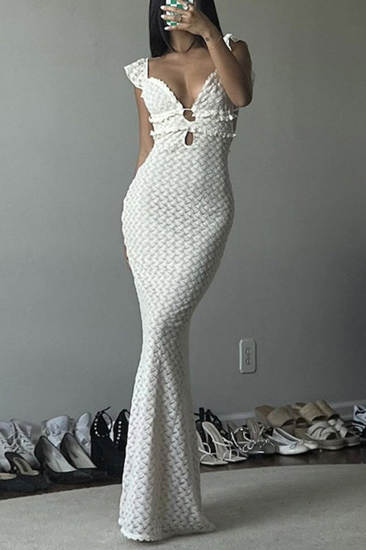 Vestido sexy de color sólido con aberturas, encaje, espalda descubierta, escote en V, falda de un solo paso