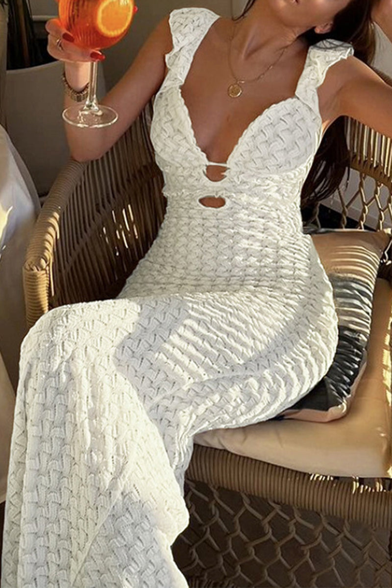 Vestido sexy de color sólido con aberturas, encaje, espalda descubierta, escote en V, falda de un solo paso