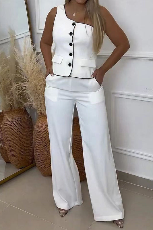 Conjunto informal de dos piezas con cuello oblicuo, sin mangas, color sólido, bolsillos, botones y diario