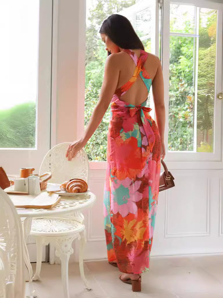 Vestido sexy de falda de un solo paso con escote en V y tirantes, espalda descubierta y estampado floral