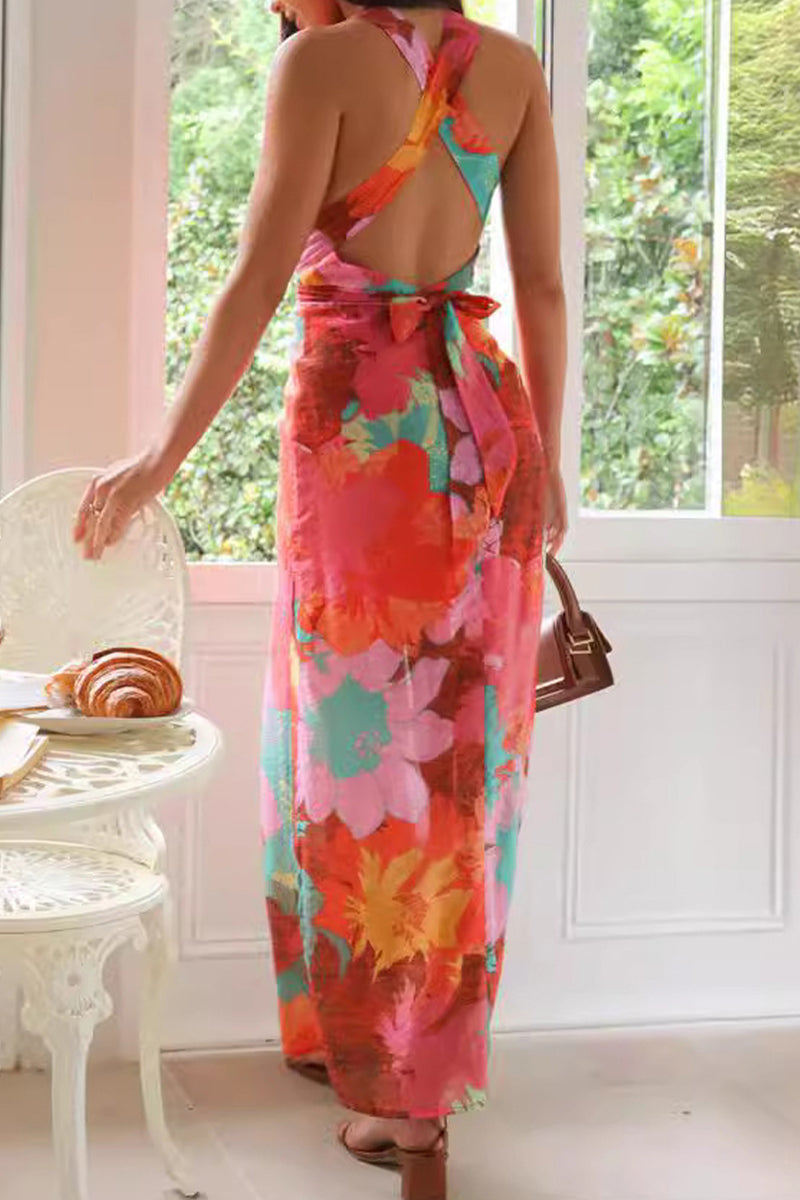 Vestido sexy de falda de un solo paso con escote en V y tirantes, espalda descubierta y estampado floral