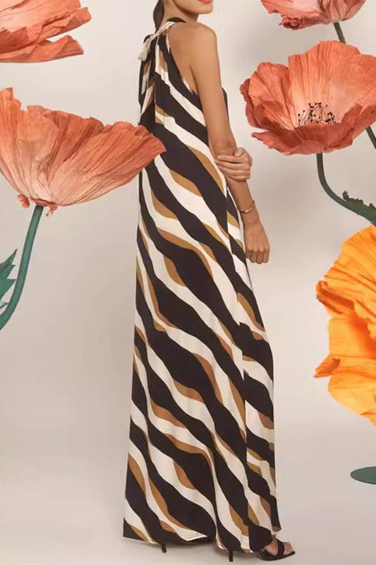 Vestidos casuales de diario con estampado de rayas, encaje, contraste, cuello halter, falda de un solo paso