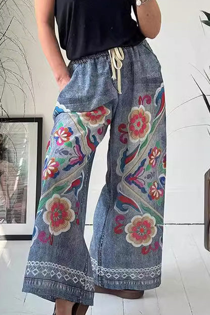 Pantalones casuales con estampado de grafiti callejero, flores, bolsillos, cintura alta, pierna ancha y estampado completo (3 colores)