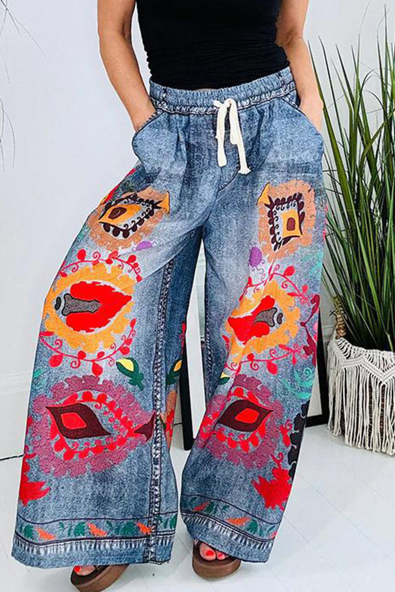 Pantalones casuales con estampado de grafiti callejero, flores, bolsillos, cintura alta, pierna ancha y estampado completo (3 colores)