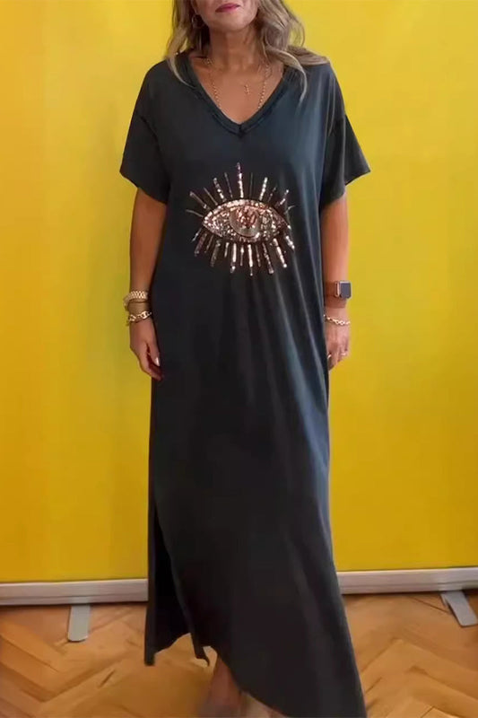 Vestido informal de manga corta con cuello en V y estampado de ojos