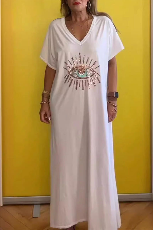 Vestido informal de manga corta con cuello en V y estampado de ojos
