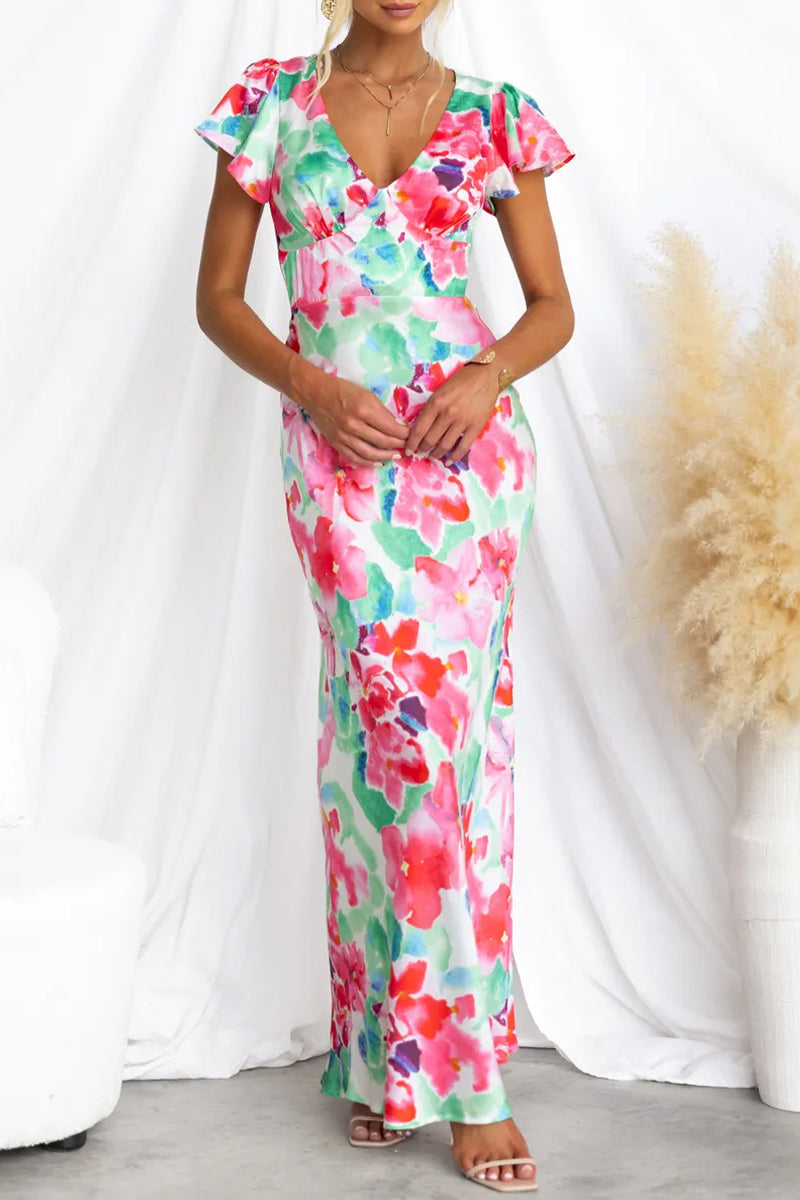 Vestidos sexis de falda de un solo paso con escote en V y estampado floral en contraste