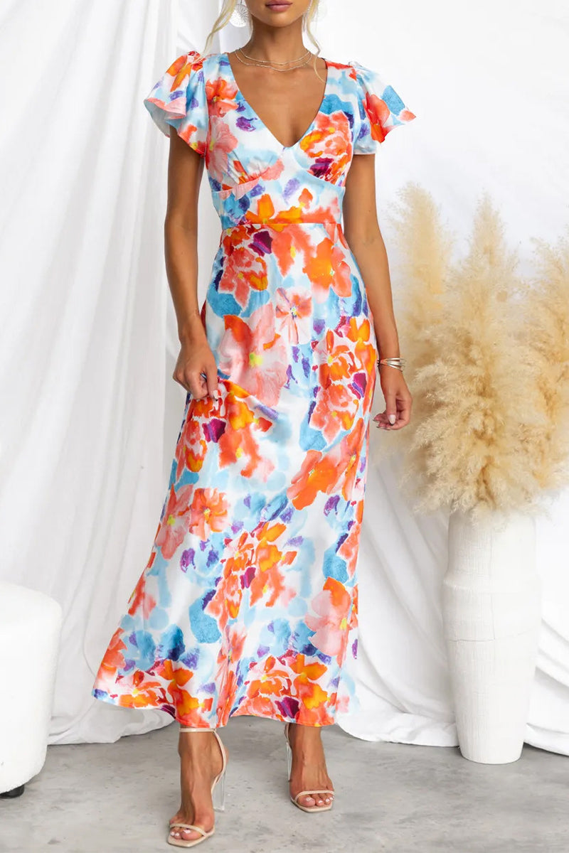 Vestidos sexis de falda de un solo paso con escote en V y estampado floral en contraste