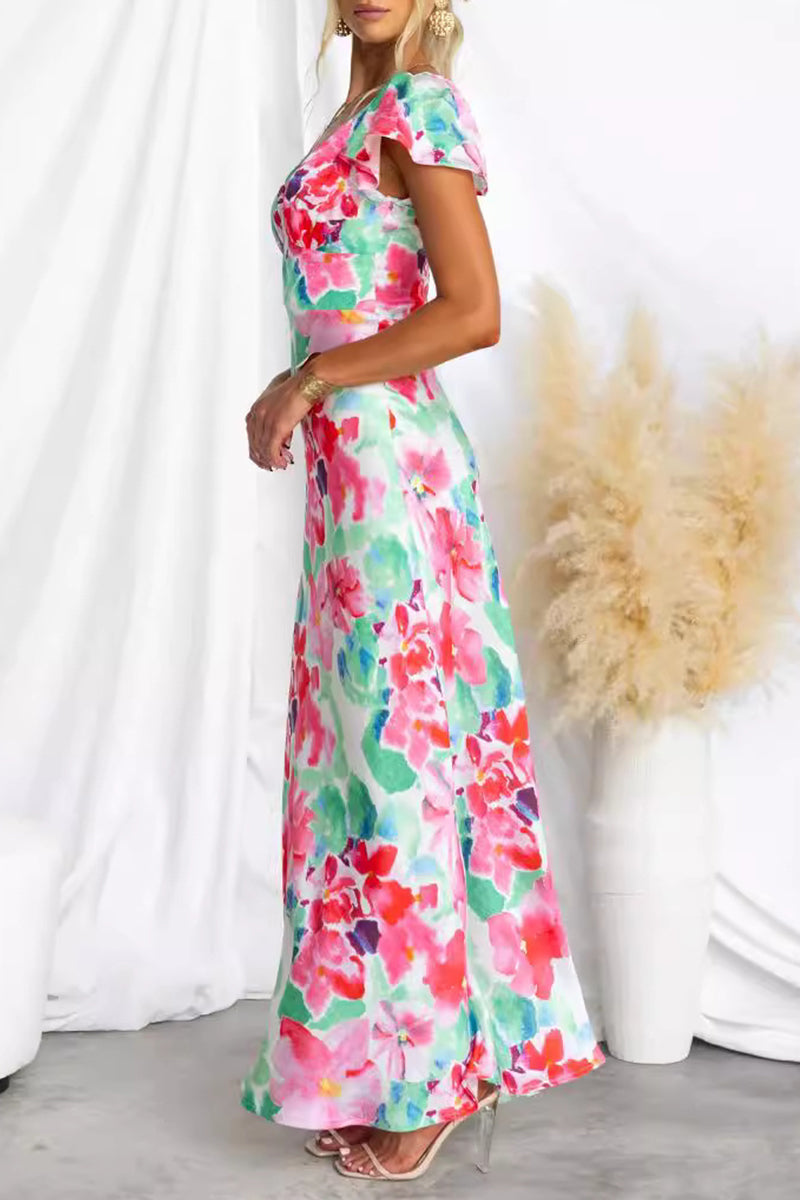 Vestidos sexis de falda de un solo paso con escote en V y estampado floral en contraste