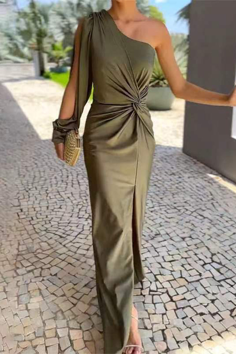 Vestidos largos sexys de color sólido con aberturas, fruncidos y anudados con hombros caídos