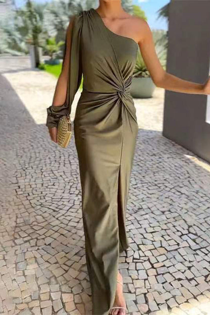 Vestidos largos sexys de color sólido con aberturas, fruncidos y anudados con hombros caídos
