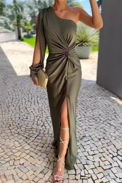 Vestidos largos sexys de color sólido con aberturas, fruncidos y anudados con hombros caídos