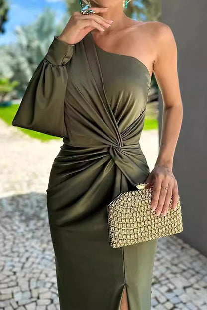 Vestidos largos sexys de color sólido con aberturas, fruncidos y anudados con hombros caídos
