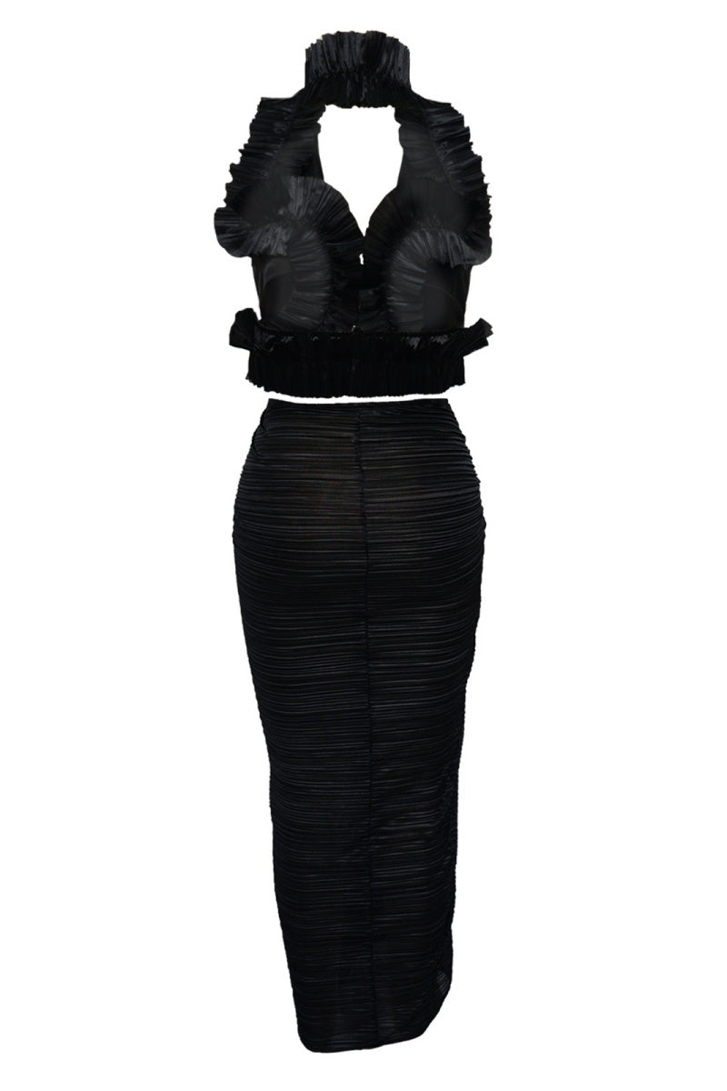 Conjunto de dos piezas sexy de color sólido con espalda descubierta y abertura tipo halter sin mangas