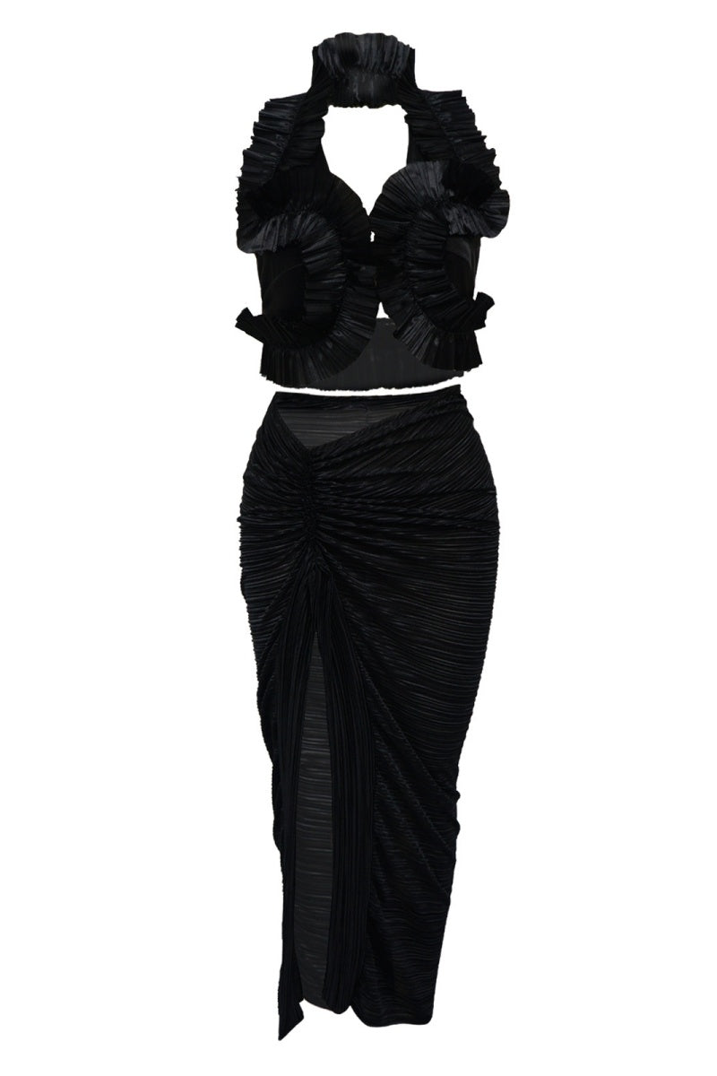 Conjunto de dos piezas sexy de color sólido con espalda descubierta y abertura tipo halter sin mangas