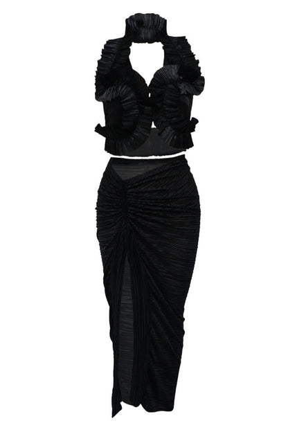 Conjunto de dos piezas sexy de color sólido con espalda descubierta y abertura tipo halter sin mangas