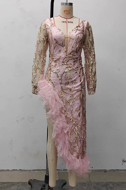 Vestidos de noche sexys con escote en V y lentejuelas de color sólido con volantes