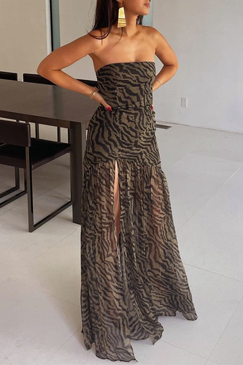 Vestidos sexis sin tirantes con abertura y malla con estampado animal
