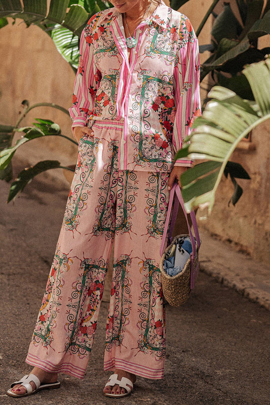 Conjunto informal de dos piezas con estampado floral, bolsillo, cuello vuelto, manga larga