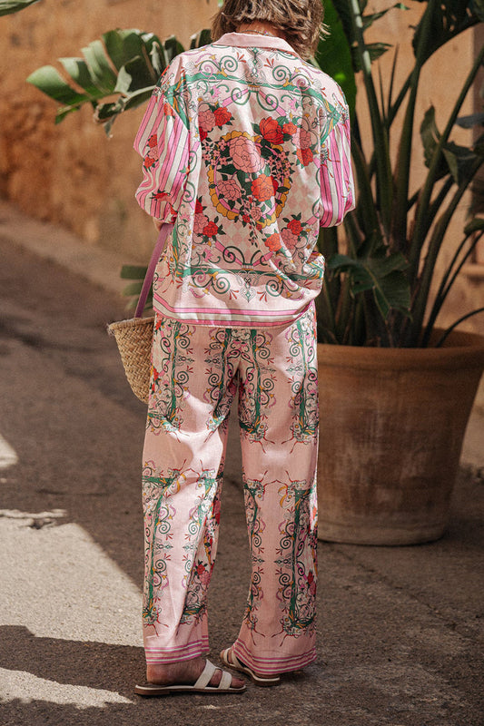 Conjunto informal de dos piezas con estampado floral, bolsillo, cuello vuelto, manga larga