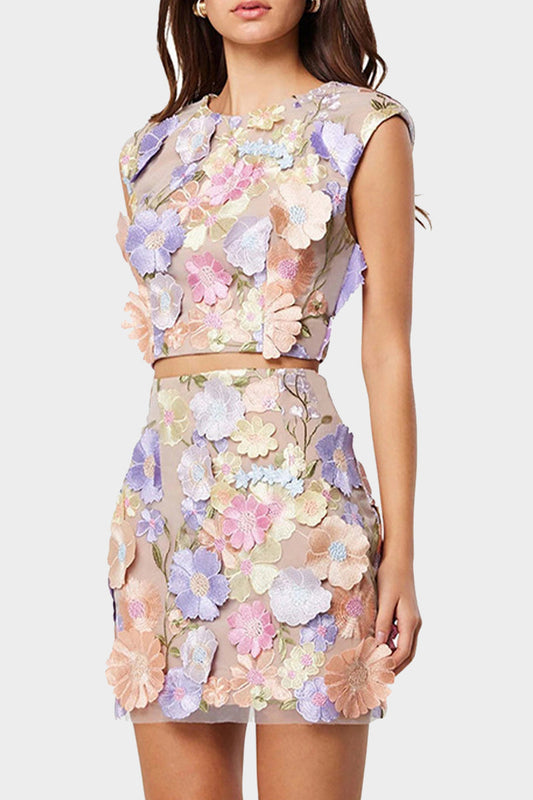 Conjunto informal de dos piezas sin mangas con cuello redondo y bordado de flores (3 colores)