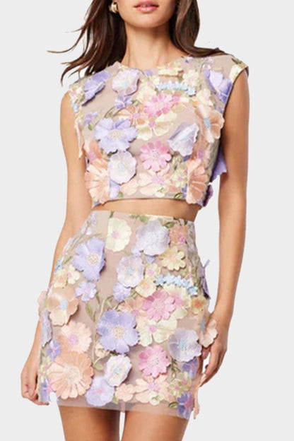 Conjunto informal de dos piezas sin mangas con cuello redondo y bordado de flores (3 colores)