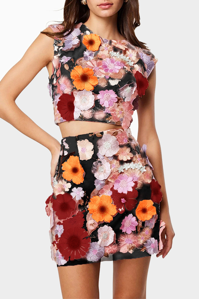 Conjunto informal de dos piezas sin mangas con cuello redondo y bordado de flores (3 colores)