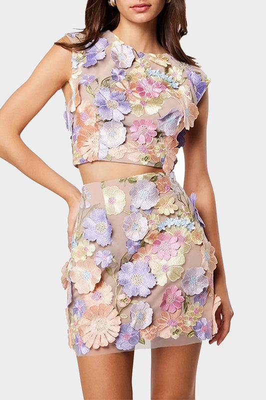 Conjunto informal de dos piezas sin mangas con cuello redondo y bordado de flores (3 colores)
