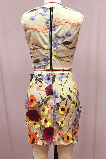 Conjunto informal de dos piezas sin mangas con cuello redondo y bordado de flores (3 colores)