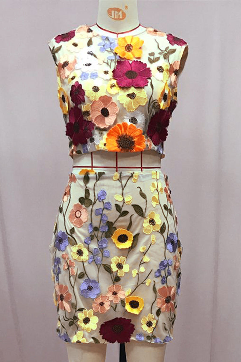 Conjunto informal de dos piezas sin mangas con cuello redondo y bordado de flores (3 colores)