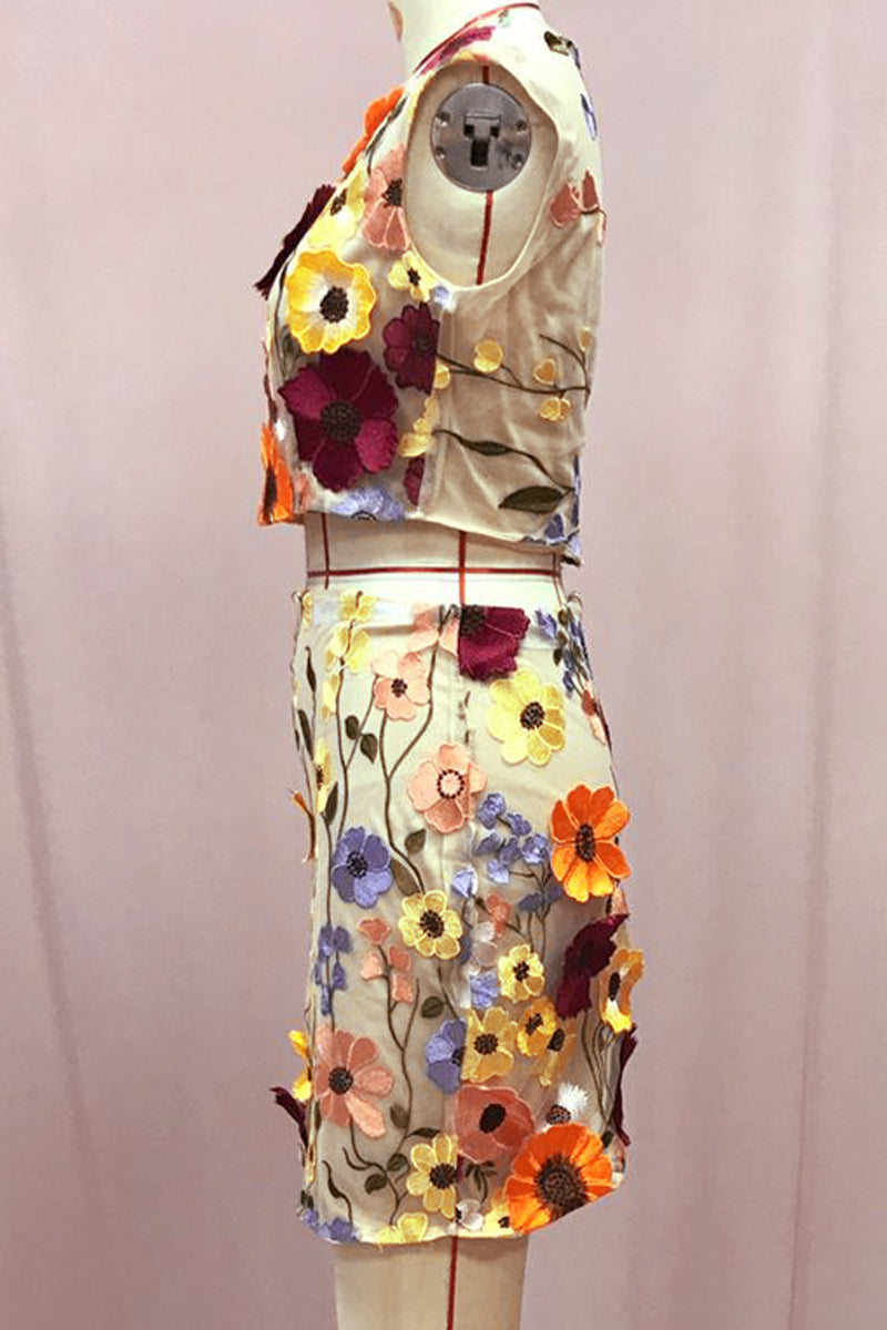 Conjunto informal de dos piezas sin mangas con cuello redondo y bordado de flores (3 colores)