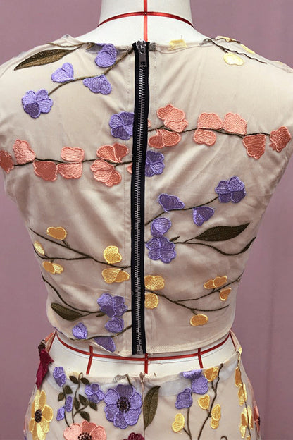 Conjunto informal de dos piezas sin mangas con cuello redondo y bordado de flores (3 colores)