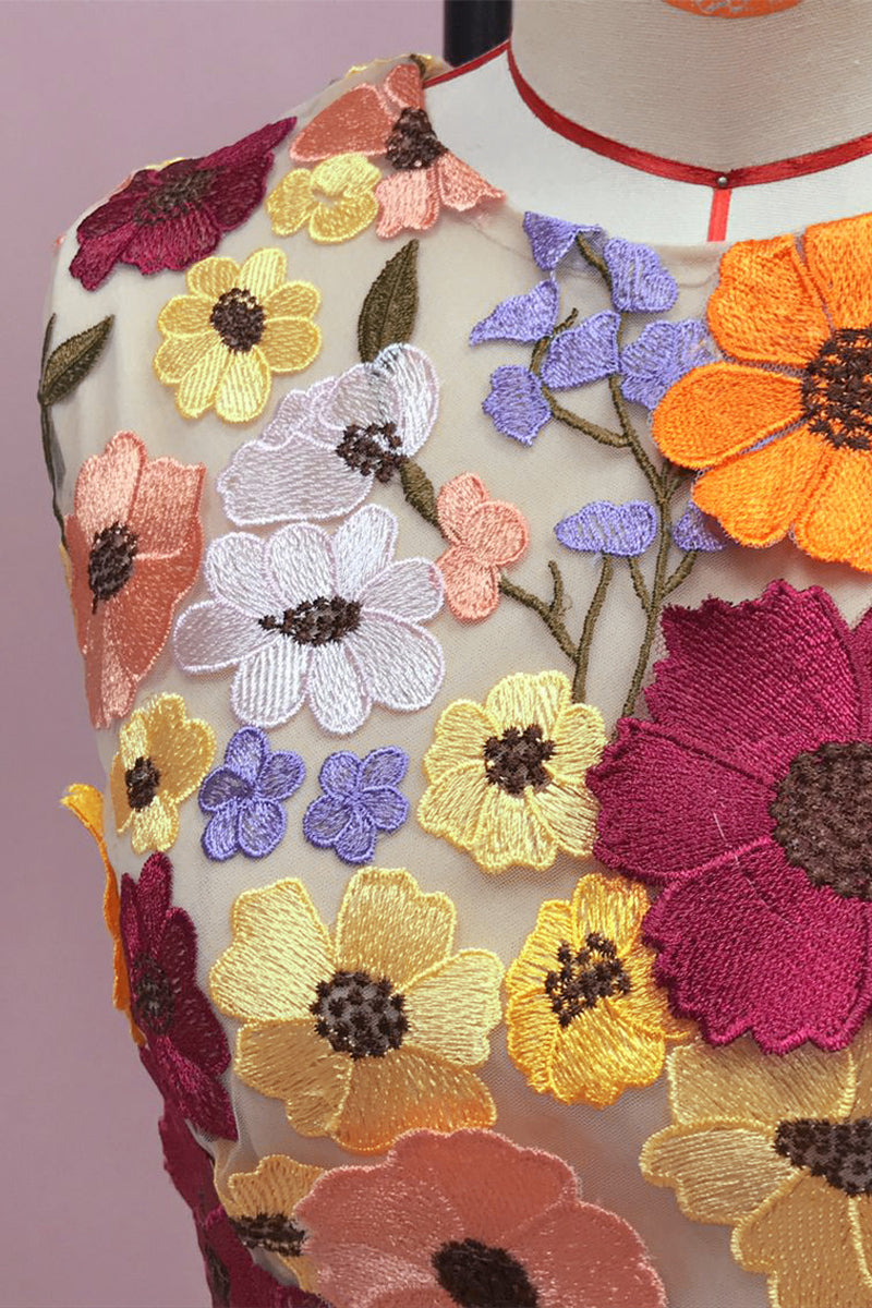 Conjunto informal de dos piezas sin mangas con cuello redondo y bordado de flores (3 colores)