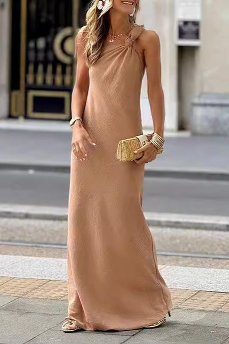 Vestidos casuales de calle con falda de un solo paso, anudados, de color sólido y hombros caídos