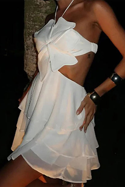 Vestido sexy de color sólido con espalda descubierta, volantes, flores, cuello halter y falda pastel