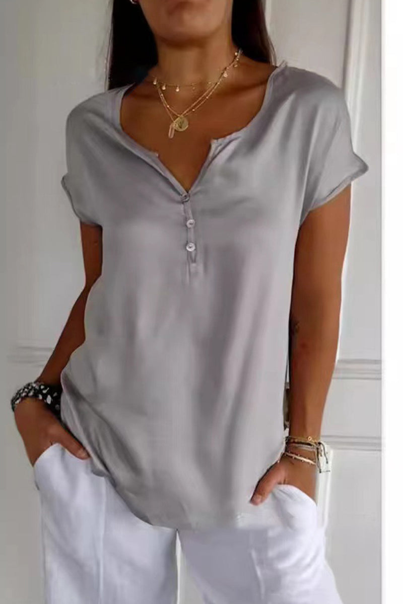 Camisetas casuales de cuello en V con botones de color liso para uso diario