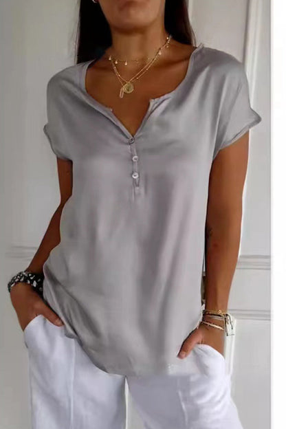 Camisetas casuales de cuello en V con botones de color liso para uso diario