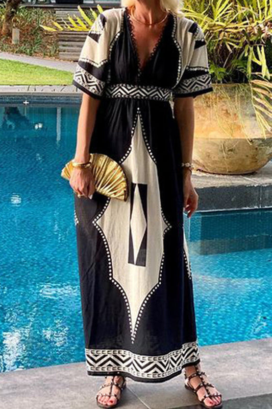 Vestido informal de manga corta con cuello en V, estampado bohemio, rombos y patchwork