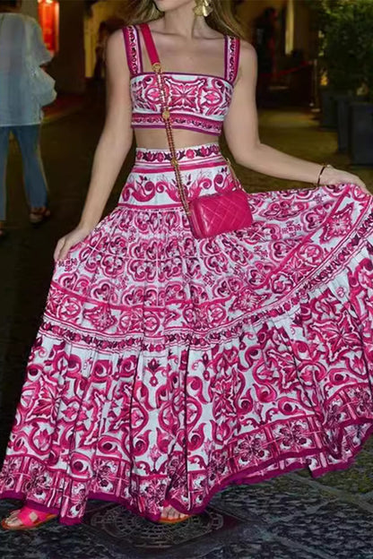 Conjunto de dos piezas sin mangas con escote cuadrado y estampado geométrico sexy
