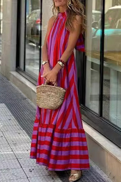 Vestidos casuales de calle con estampado de rayas, con cordones, espalda descubierta, contraste, cuello halter, sin mangas