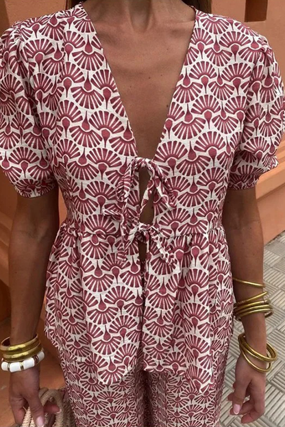 Conjunto informal de dos piezas con cuello en V, manga corta y cordones (3 colores)