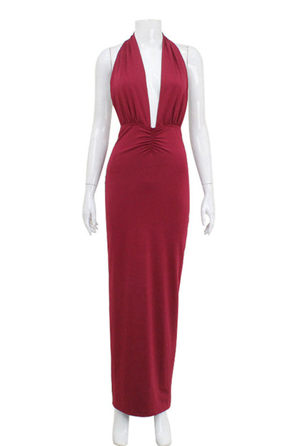 Vestidos de noche sexys de color sólido con espalda descubierta y fruncido