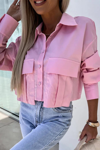 Blusa informal de cuello camisero con botones y patchwork de color liso para uso diario