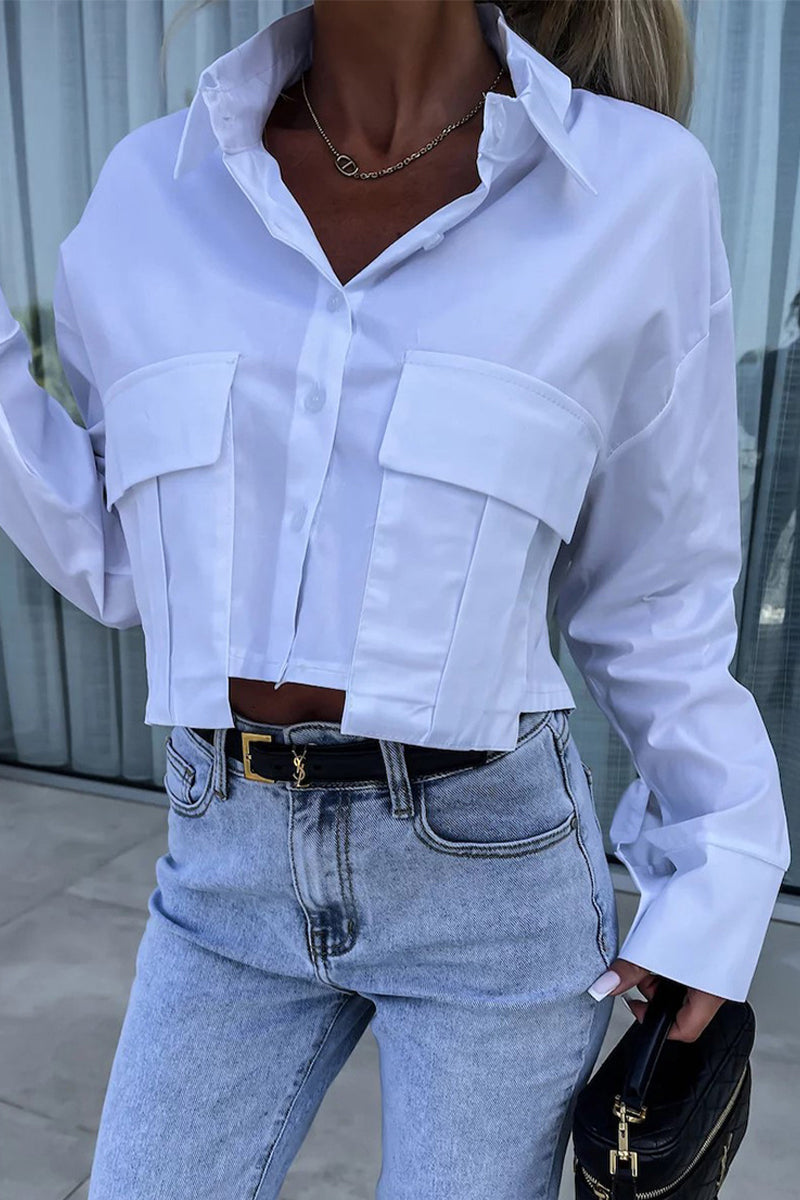 Blusa informal de cuello camisero con botones y patchwork de color liso para uso diario (3 colores)