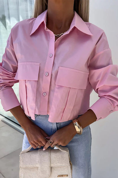 Blusa informal de cuello camisero con botones y patchwork de color liso para uso diario